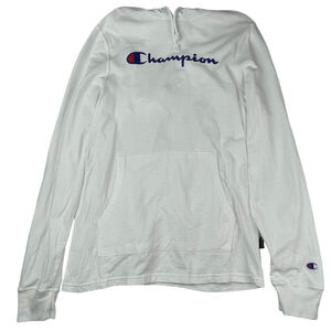 Champion Hoodie Mens Small White Authentic Logo Hooded Drawstring Long Sleeve